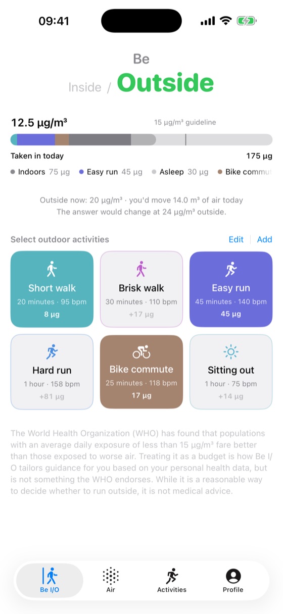 The same tab reading Be Outside. 12.5 µg/m³ against the same guideline, from a gentler day in cleaner air.